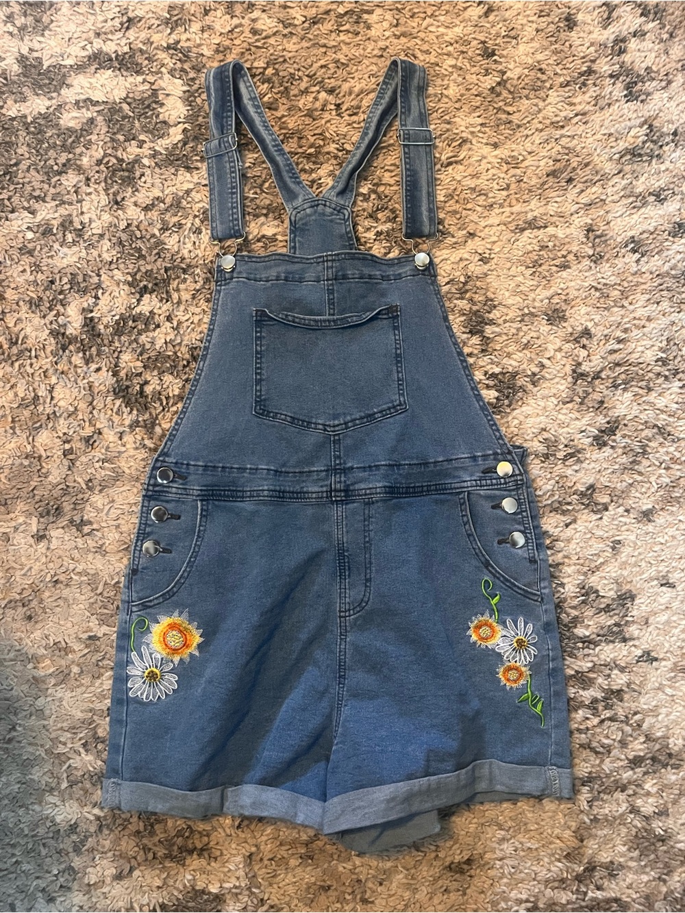 Denim Embroidered Sunflower Short Overalls - Blue